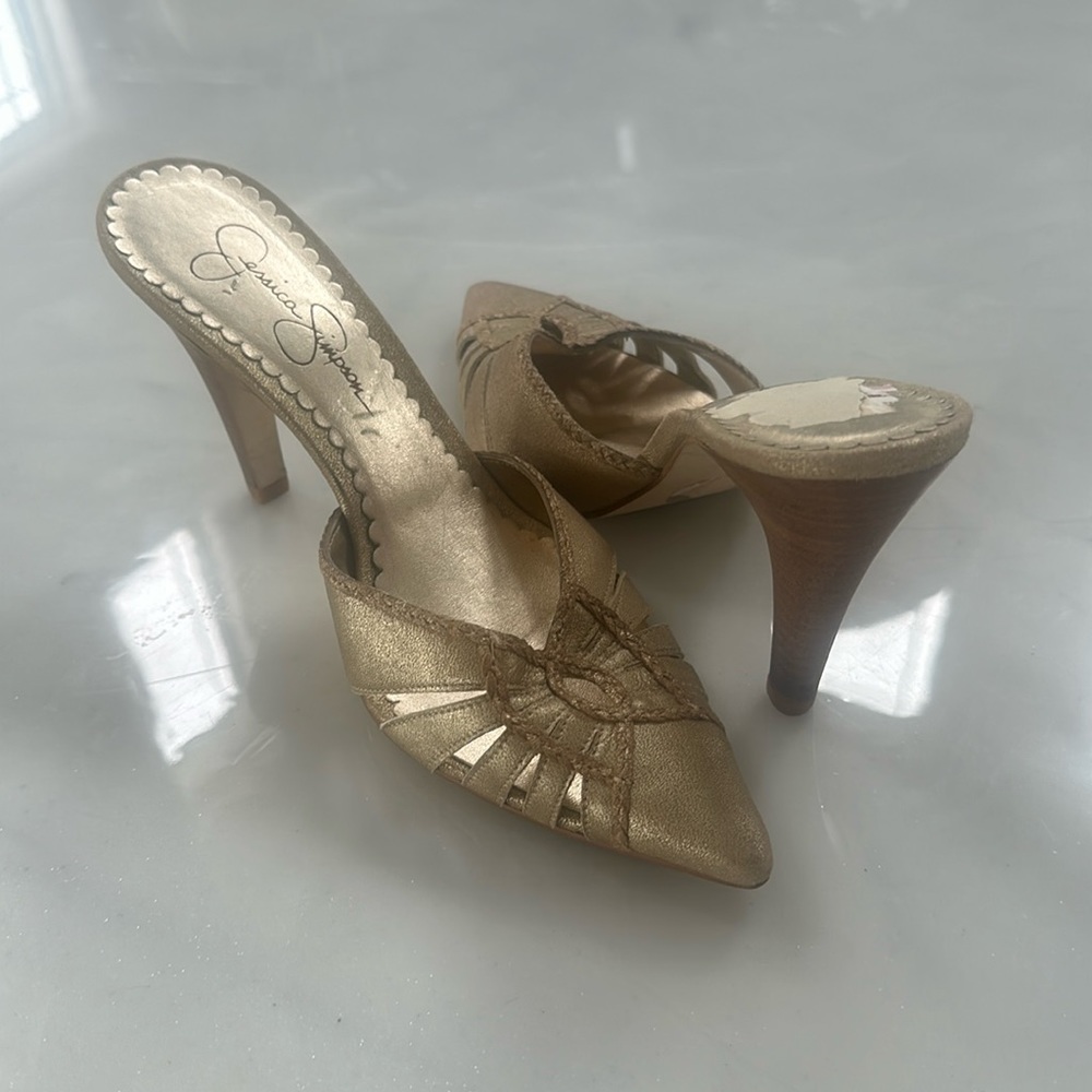Gold Pointed Toe Slip-On Heels by Jessica Simpson